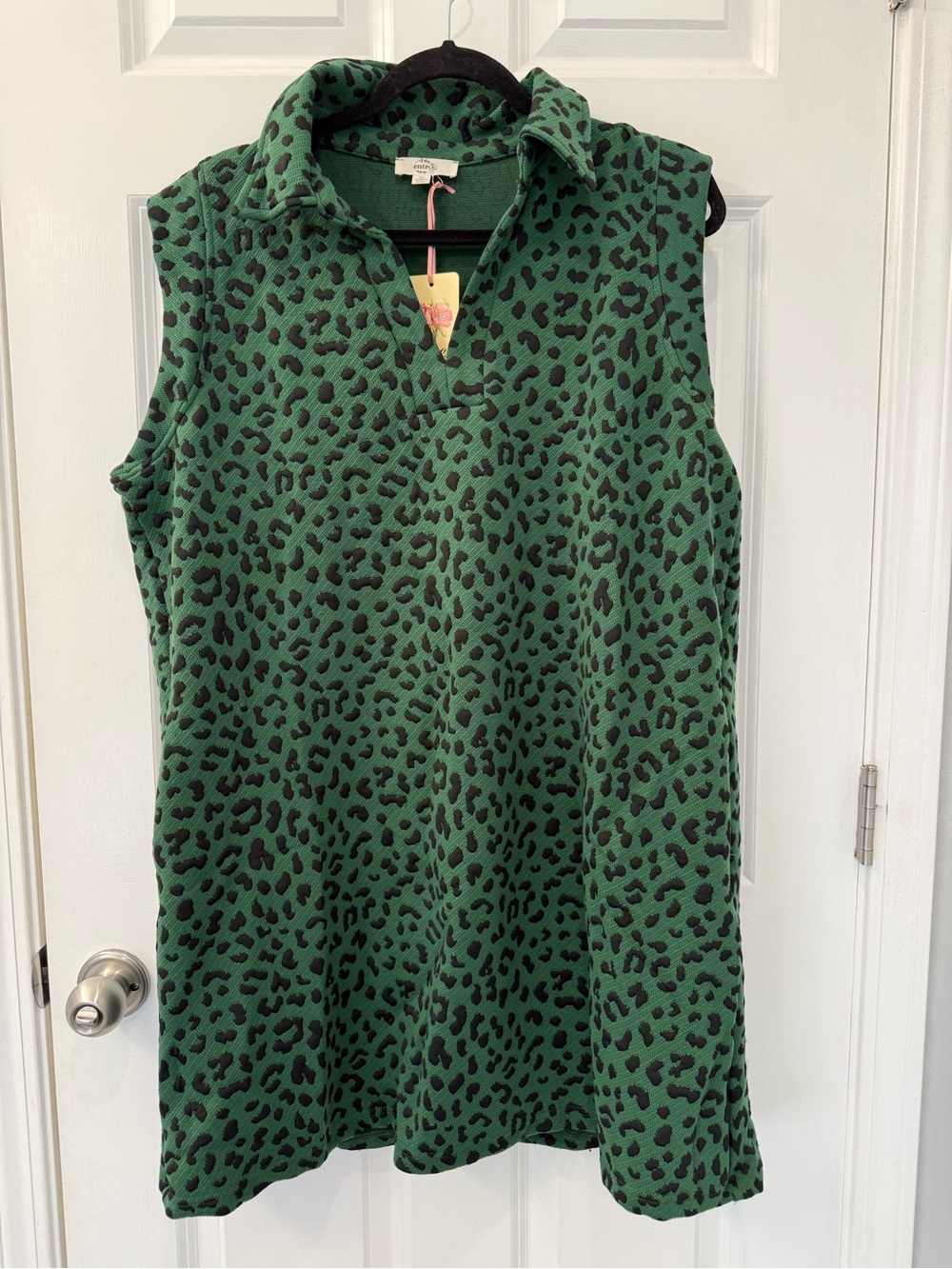 Entro Women Green Leopard Print Shift Shirt Dress Sleeveless Collared Size XL - Picture 2 of 9